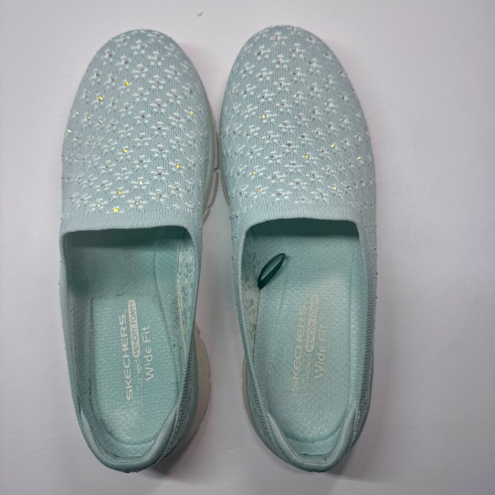 8.5 Wide Fit Skechers Women's Easy Going Rhinestone Knit Mules Glitz Strut Sage - Picture 7 of 16